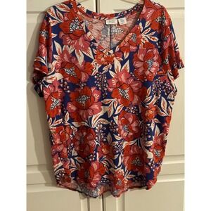 Sigrid Olsen Women's 3X V Neck Short Sleeve All Over Floral Print Top
